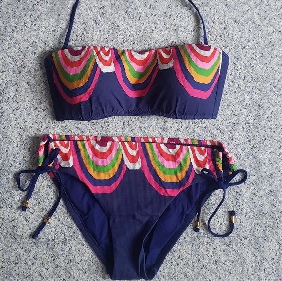 TRINA TURK Bikini Set NEW Rainbow Swirl high waist bottom bandeau top - Picture 2 of 4